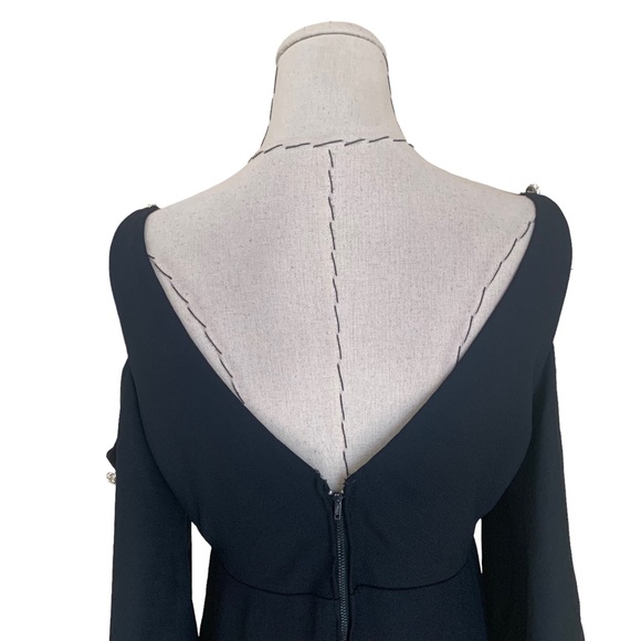 Vintage 60s Black Crepe Dress Cold Shoulder Bishop Sleeve Rhinestone Buttons - Picture 9 of 16